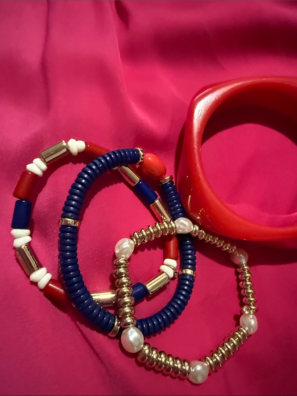 Red Chunky Bangle and Beaded Bracelet Set